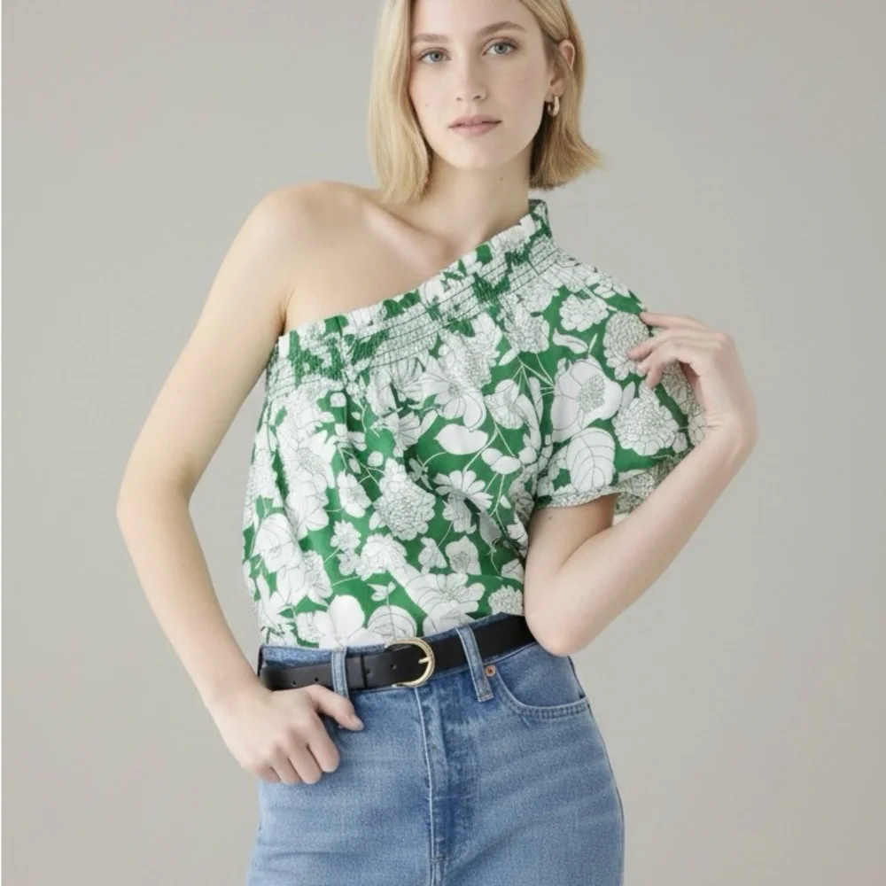 J. Crew Smocked One-Shoulder Cotton Top in Kelly Green - Sz. Medium - BNWT